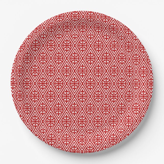 Medieval Damask Diamonds, red and white Paper Plates (Front)