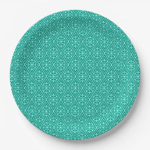 Medieval Damask Diamonds, turquoise and aqua Paper Plates