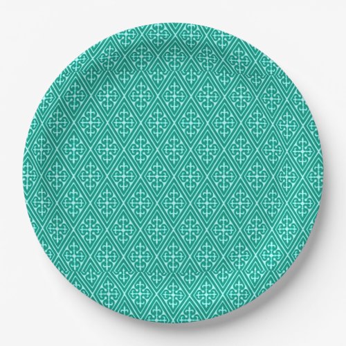 Medieval Damask Diamonds turquoise and aqua Paper Plates