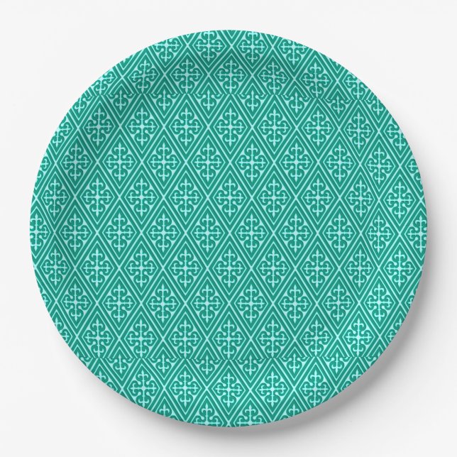 Medieval Damask Diamonds, turquoise and aqua Paper Plates (Front)