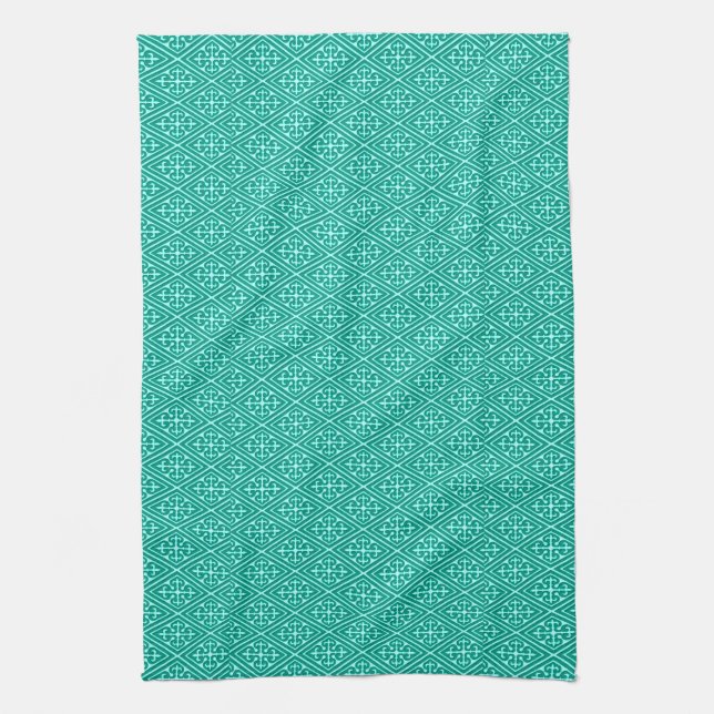 Medieval Damask Diamonds, turquoise and aqua Towel (Vertical)