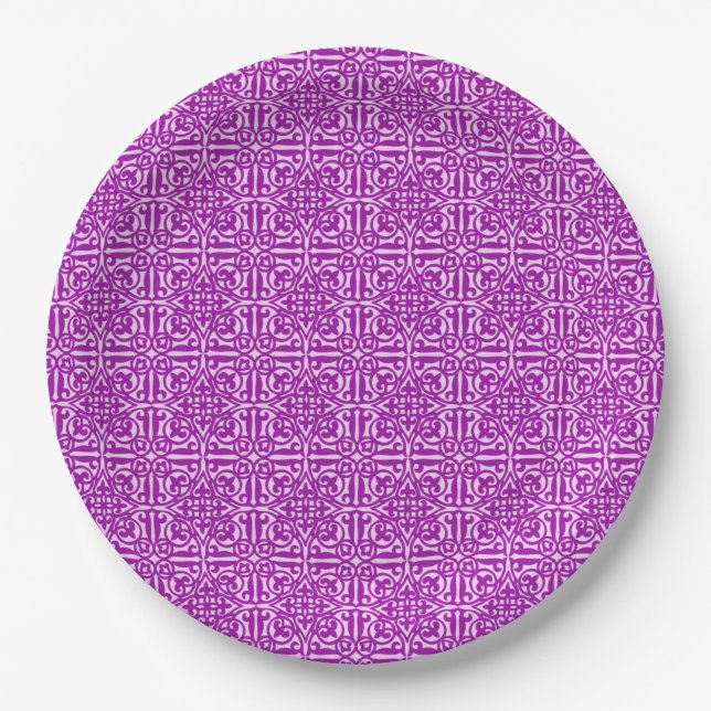 Medieval Damask Fleur-de-lis, amethyst purple Paper Plates (Front)