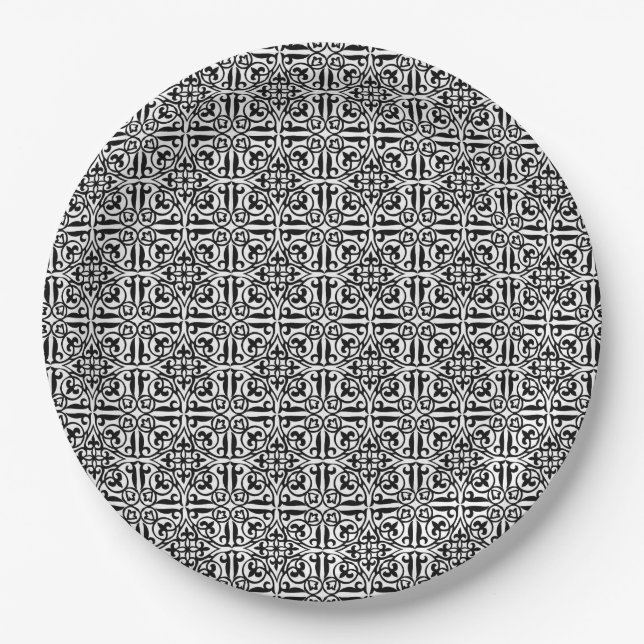 Medieval Damask Fleur-de-lis, black and white Paper Plates (Front)