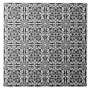 Medieval Damask Fleur-de-lis, black and white Tile