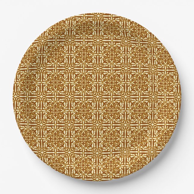 Medieval Damask Fleur-de-lis, copper and cream Paper Plates (Front)