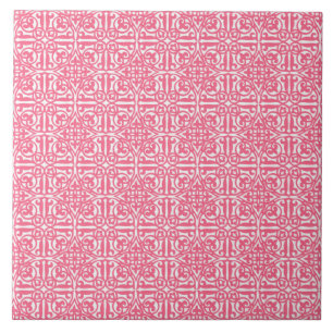 Medieval Damask Fleur-de-lis, coral pink & white Tile