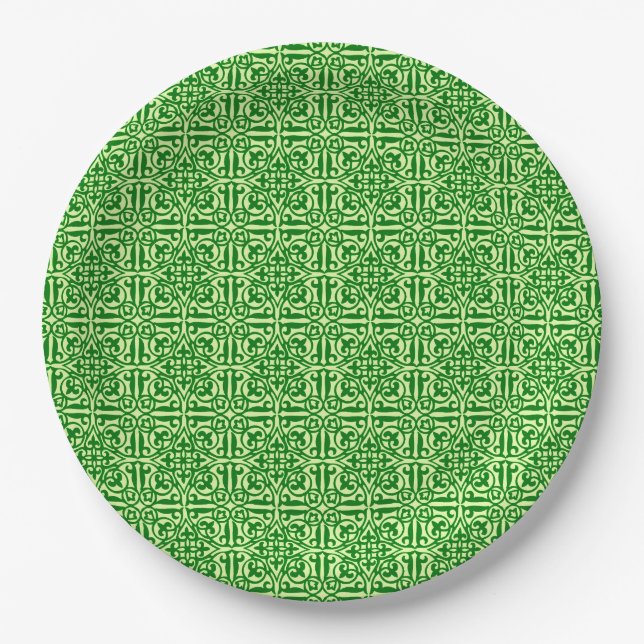 Medieval Damask Fleur-de-lis, dark pine green Paper Plates (Front)