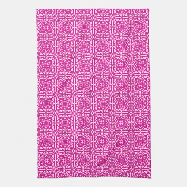 Medieval Damask Fleur-de-lis, magenta and white Kitchen Towel (Vertical)