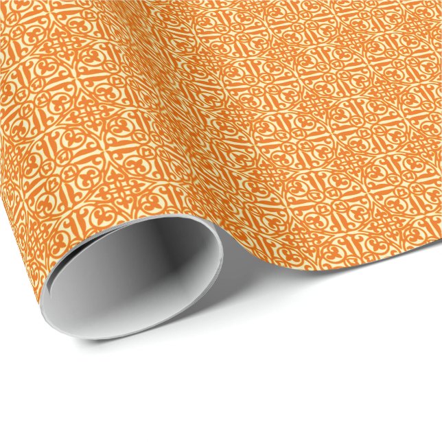 Medieval Damask Fleur-de-lis, mandarin orange Wrapping Paper (Roll Corner)
