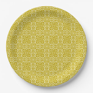 Medieval Damask Fleur-de-lis, mustard gold Paper Plates