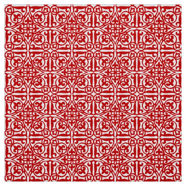 Medieval Damask Fleur-de-lis, red and white Fabric (Swatch)