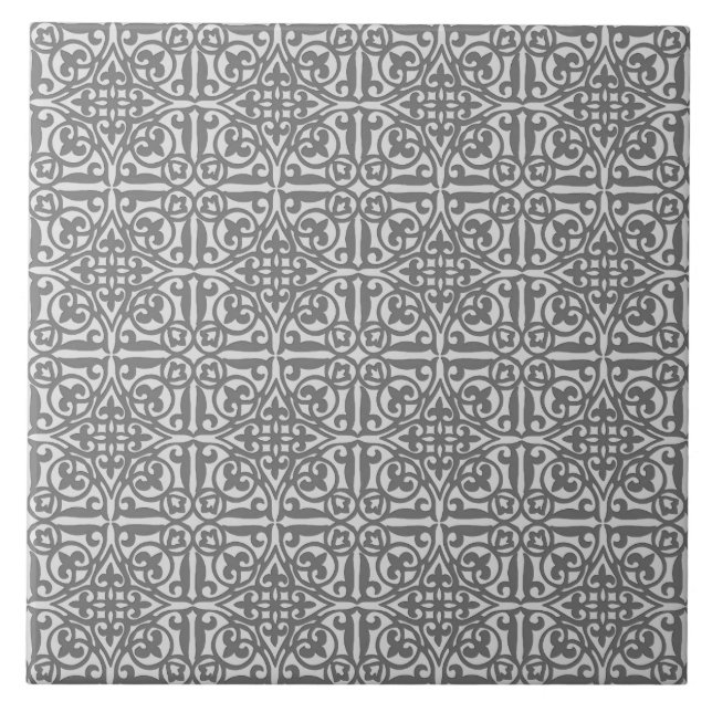 Medieval Damask Fleur-de-lis, silver grey Ceramic Tile (Front)