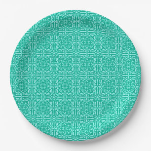 Medieval Damask Fleur-de-lis, turquoise & aqua Paper Plates