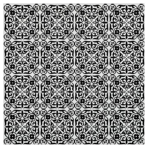 Medieval Damask pattern, black and white Fabric