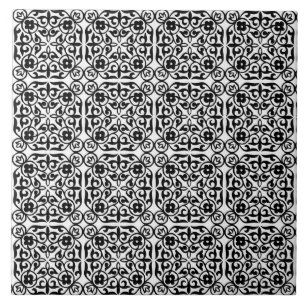 Medieval Damask pattern, black and white Tile