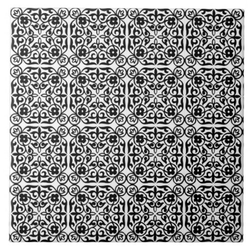 Medieval Damask pattern black and white Tile