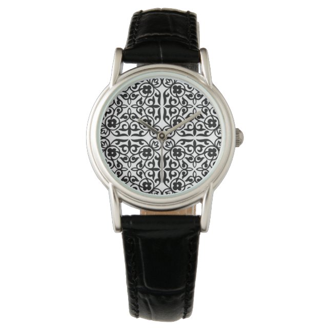 Medieval Damask pattern, black and white Watch (Front)