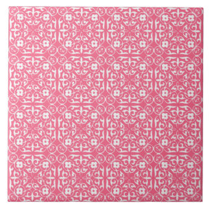 Medieval Damask pattern, coral pink & white Tile