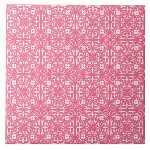 Medieval Damask pattern coral pink  white Tile