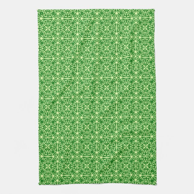 Medieval Damask pattern, dark pine green Kitchen Towel (Vertical)