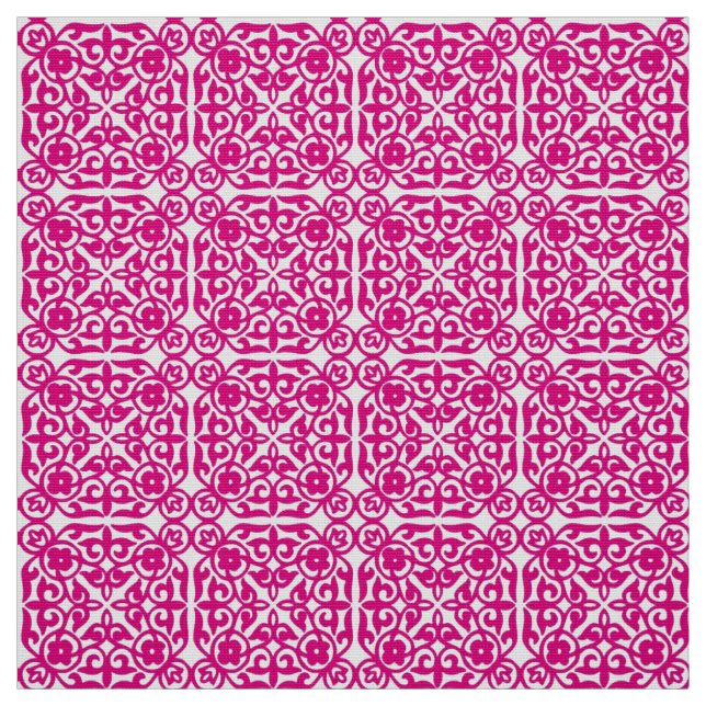 Medieval Damask pattern, magenta and white Fabric (Swatch)