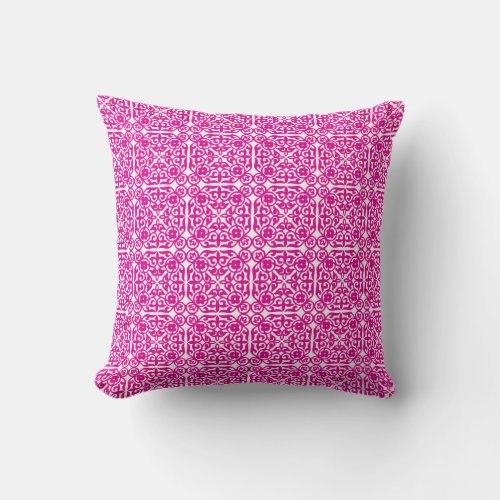 Medieval Damask pattern magenta and white Throw Pillow