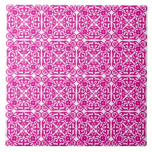 Medieval Damask pattern magenta and white Tile