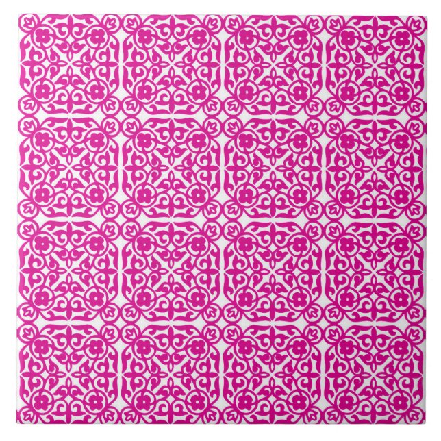 Medieval Damask pattern, magenta and white Tile (Front)