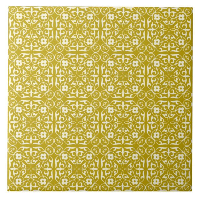 Medieval Damask pattern, mustard gold Ceramic Tile (Front)
