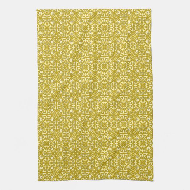 Medieval Damask pattern, mustard gold Towel (Vertical)
