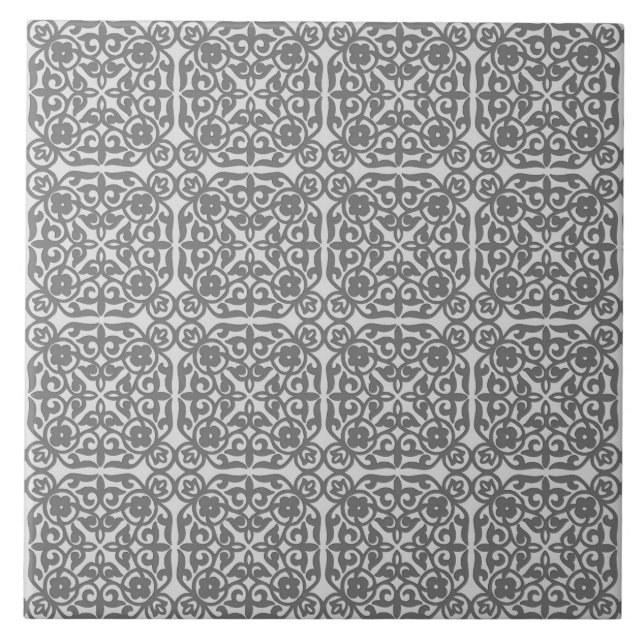 Medieval Damask pattern, silver grey Ceramic Tile (Front)