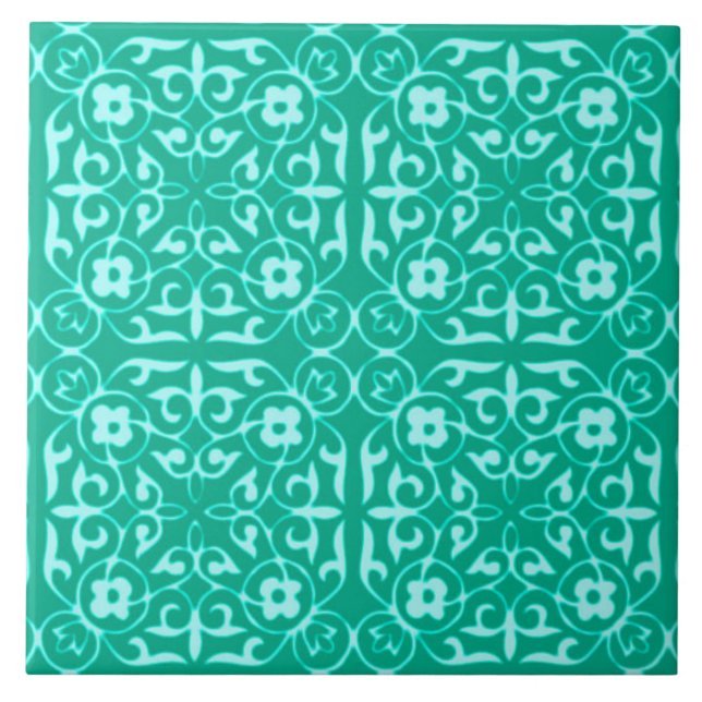 Medieval Damask pattern, turquoise and aqua Tile (Front)