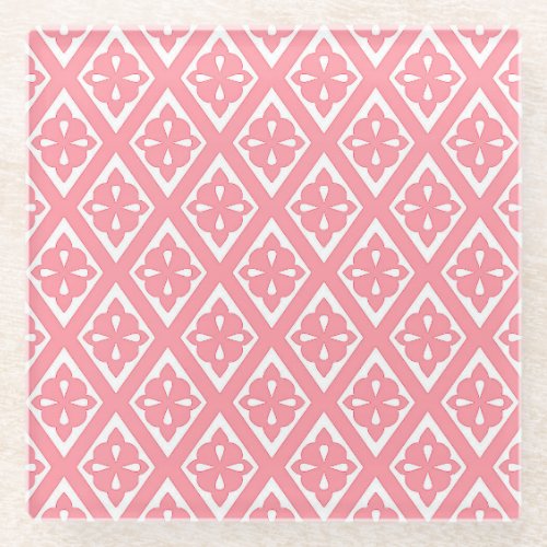 Medieval diamonds _ coral pink and white glass coaster