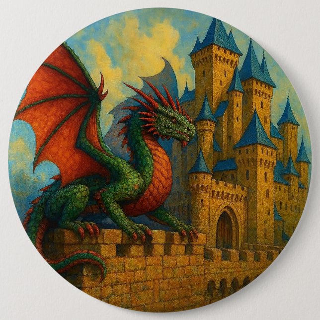 Medieval Dragon Castle Protector Button (Front)