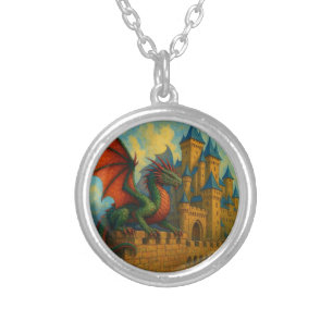 Medieval Dragon Castle Protector Silver Plated Necklace