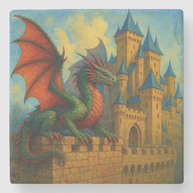 Medieval Dragon Castle Protector Stone Coaster (Front)