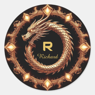 🐉 Medieval Dragon Crest Name Ring Frame Emblem 🐉 Classic Round Sticker