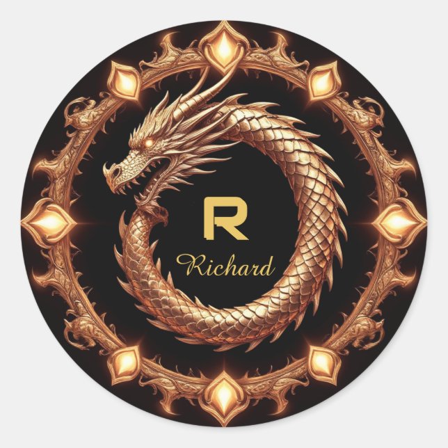🐉 Medieval Dragon Crest Name Ring Frame Emblem 🐉 Classic Round Sticker (Front)