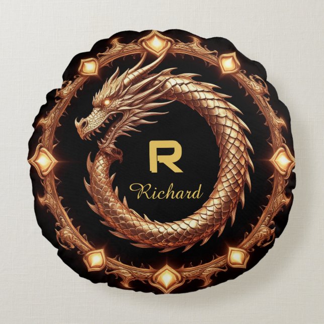 🐉 Medieval Dragon Crest Name Ring Frame Emblem 🐉 Round Pillow (Front)