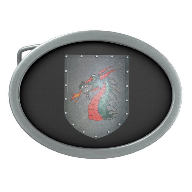 Medieval Dragon Faux Metal Shield Oval Belt Buckle (Front)