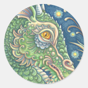 MEDIEVAL DRAGON HEAD PORTRAIT, WHIMSICAL FANTASY CLASSIC ROUND STICKER