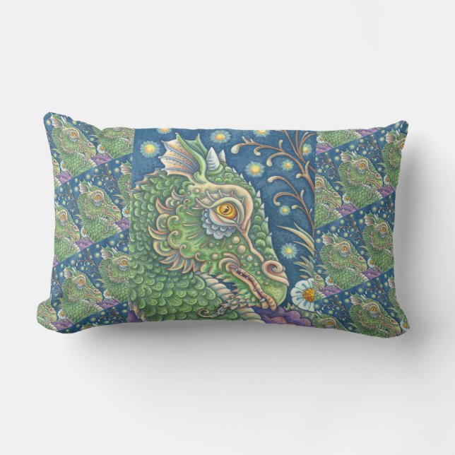 MEDIEVAL DRAGON HEAD PORTRAIT, WHIMSICAL FANTASY LUMBAR PILLOW (Front)