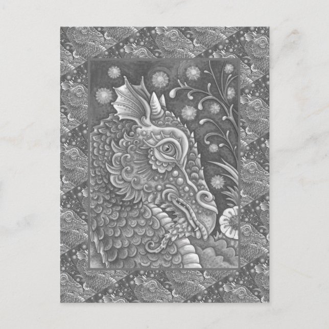 MEDIEVAL DRAGON HEAD PORTRAIT, WHIMSICAL FANTASY POSTCARD (Front)
