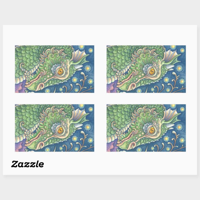 MEDIEVAL DRAGON HEAD PORTRAIT, WHIMSICAL FANTASY RECTANGULAR STICKER (Sheet)
