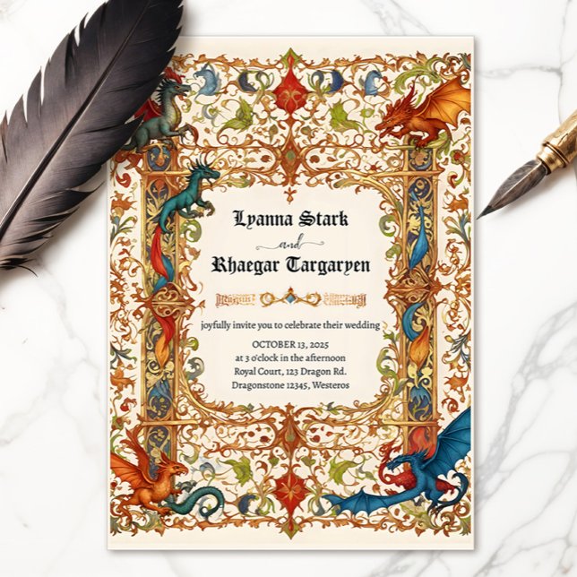 Medieval Dragon Invitation, Ancient Manuscript Invitation (Medieval manuscript with dragons invitation)