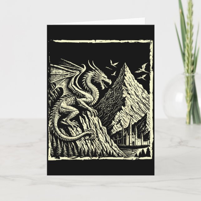Medieval Dragon Mountain Castle Mythical Men Women Card (Front)