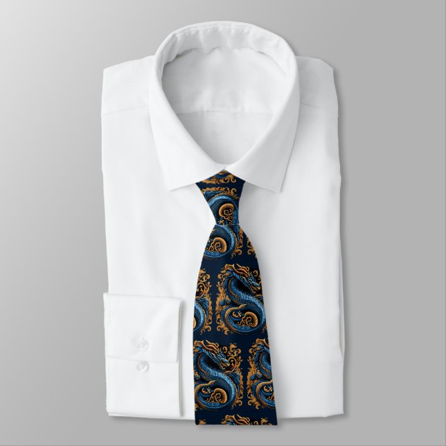 Medieval Dragon Royal Blue Neck Tie (Tied)