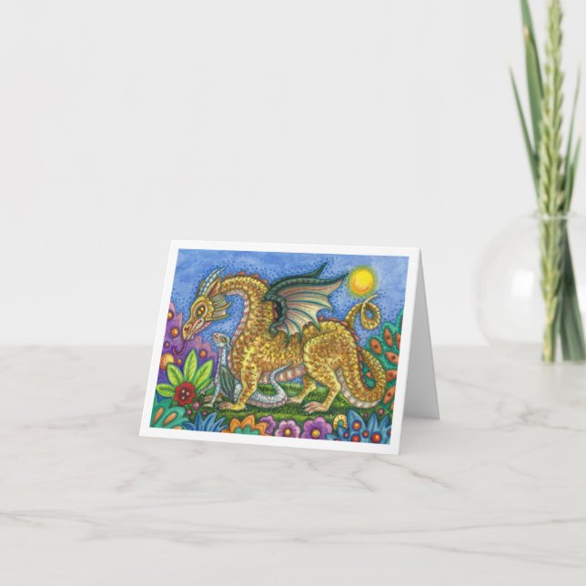 MEDIEVAL DRAGON & YOUNG, COLORFUL FOLK ART GARDEN CARD (Front)