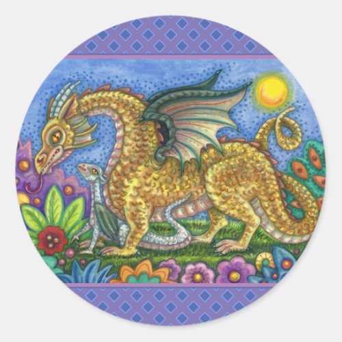 MEDIEVAL DRAGON  YOUNG COLORFUL FOLK ART GARDEN CLASSIC ROUND STICKER