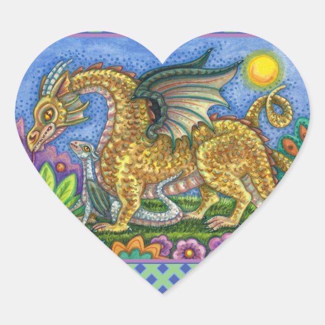 MEDIEVAL DRAGON & YOUNG, COLORFUL FOLK ART GARDEN  HEART STICKER (Front)